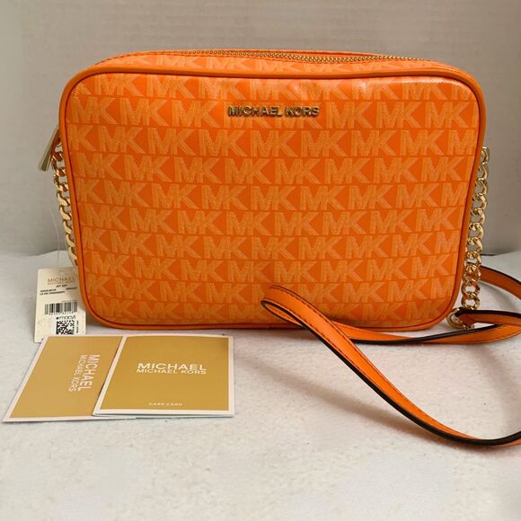 Michael Kors Jet Set Orange MK Logo Crossbody Bag Gold Chain Strap NWT - Picture 12 of 12